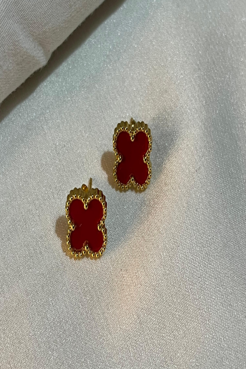 Gold Yonca Model Bordo Çelik Küpe