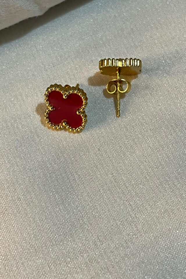 Gold Yonca Model Bordo Çelik Küpe