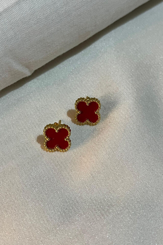 Gold Yonca Model Bordo Çelik Küpe