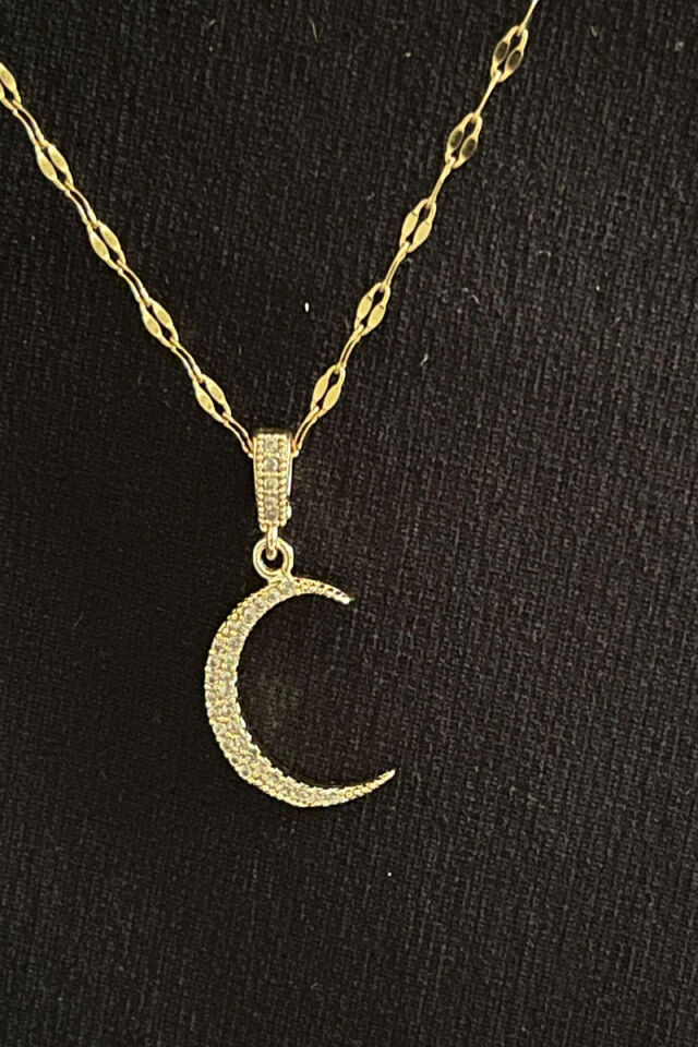 Hilal Detaylı Zirkon Taşlı Lüks Gold Çelik Kolye