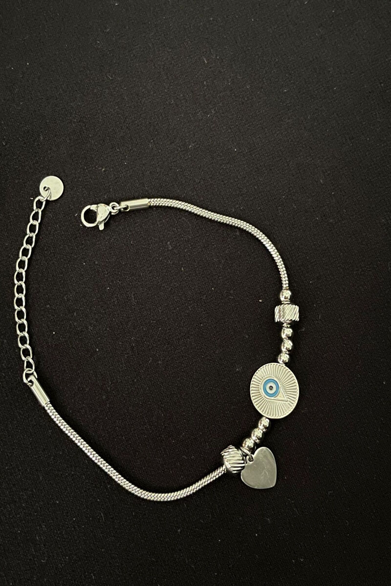 Kalp ve Nazar Detaylı Charm Çelik Pandora Model Bileklik