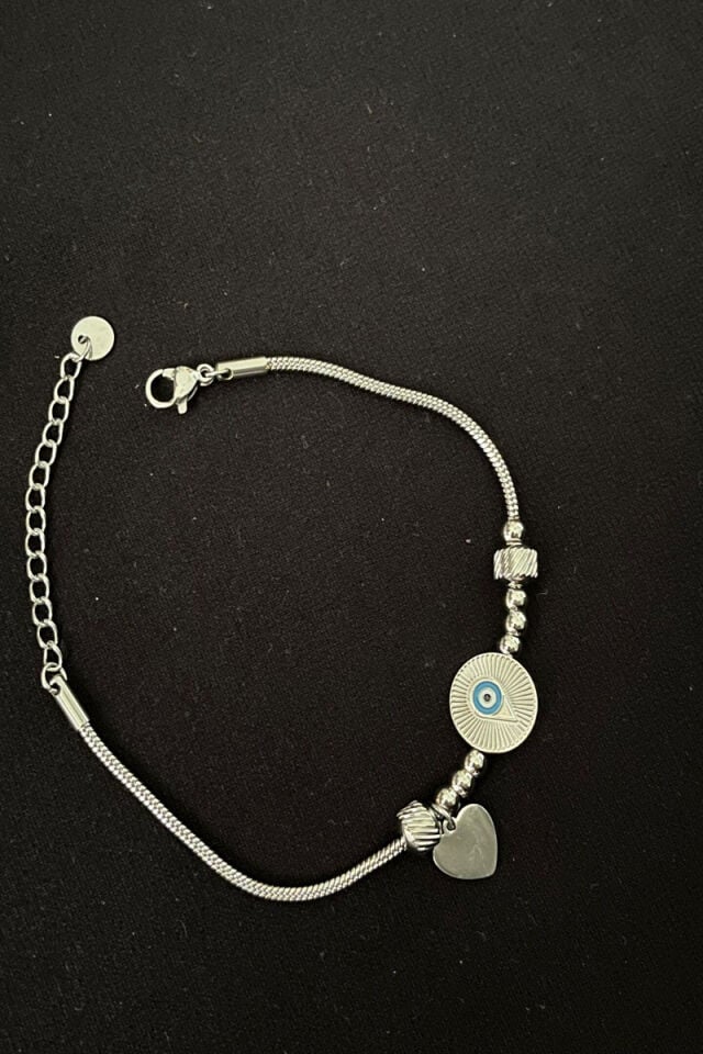 Kalp ve Nazar Detaylı Charm Çelik Pandora Model Bileklik