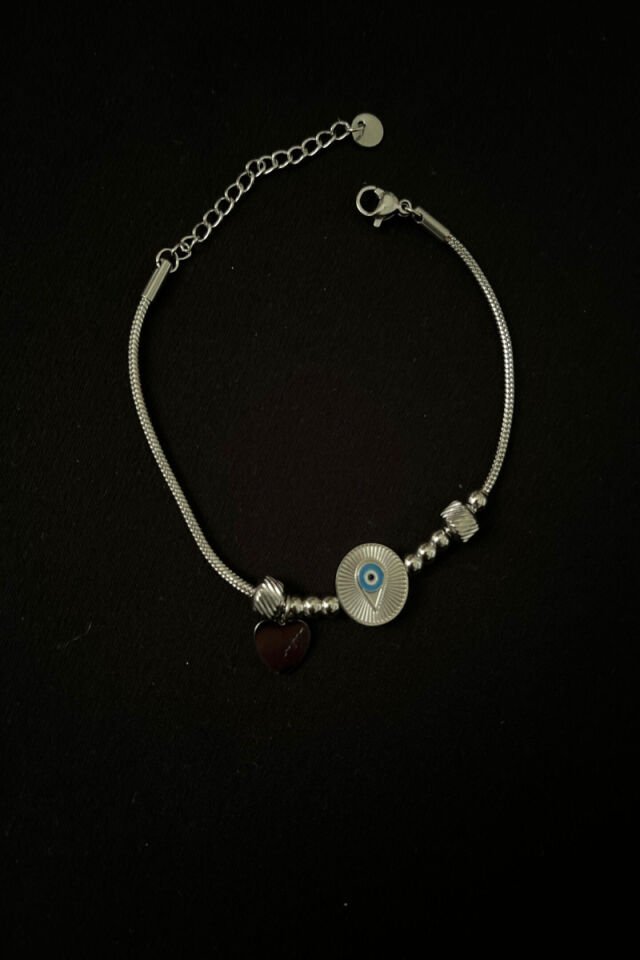 Kalp ve Nazar Detaylı Charm Çelik Pandora Model Bileklik
