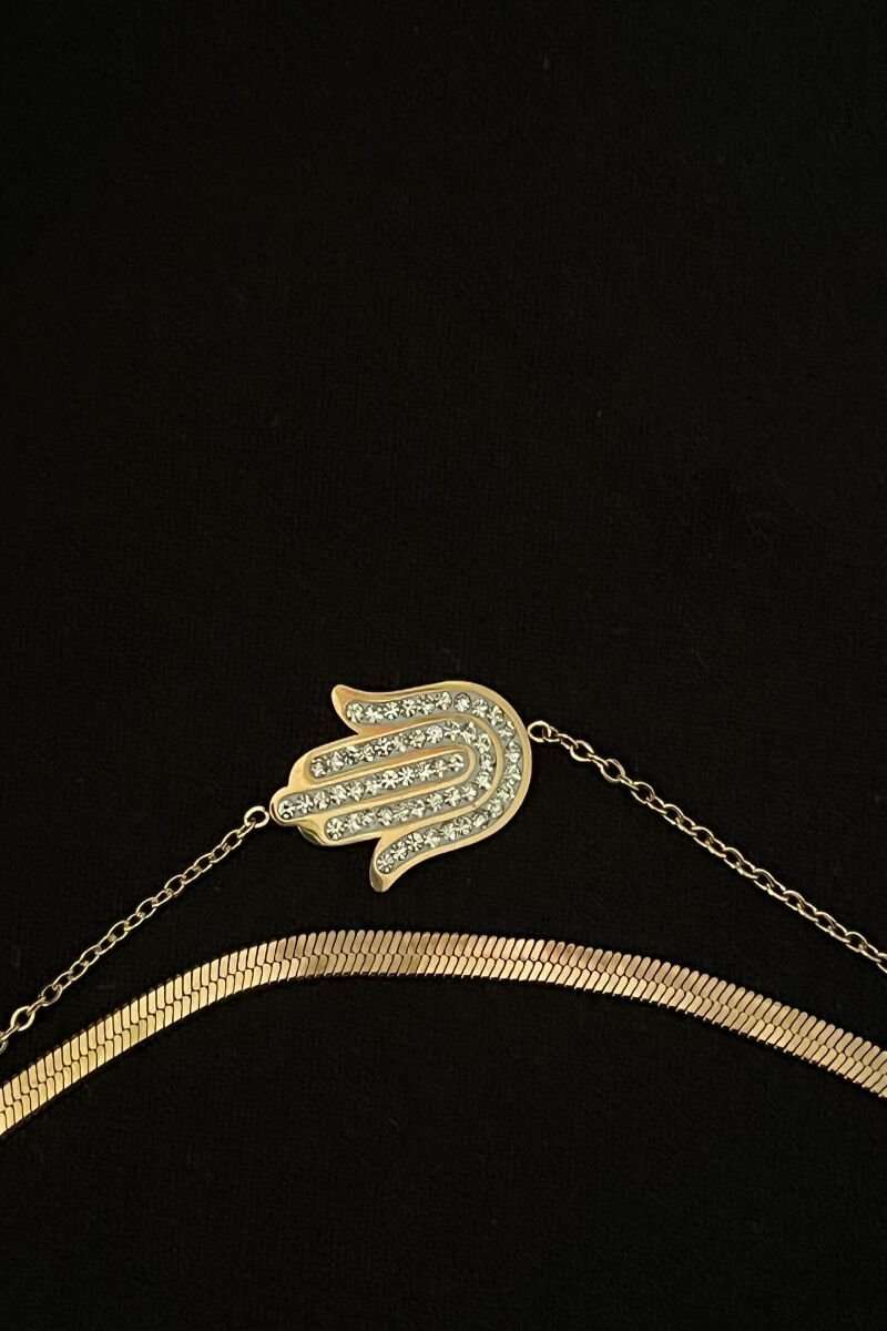 Fatma Ana Eli Figürlü Zirkon Taşlı İtalyan Zincirli Lüks Çelik Bileklik