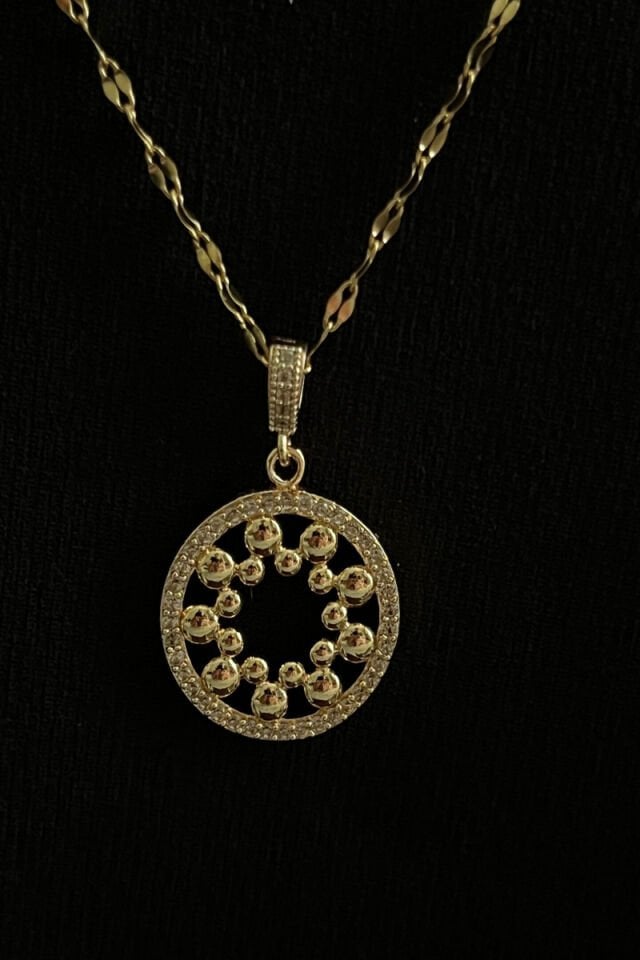 Bilye Tasarımlı Zirkon Taşlı Çelik Kolye