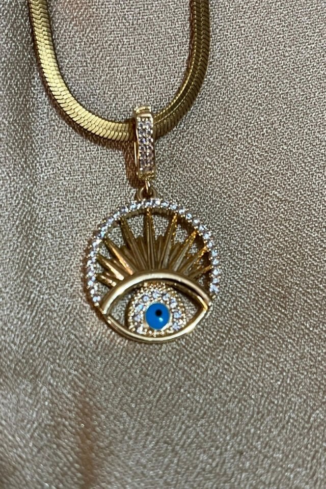 Göz Figürlü Nazar Detaylı Zirkon Taşlı İtalyan Zincir Çelik Kolye
