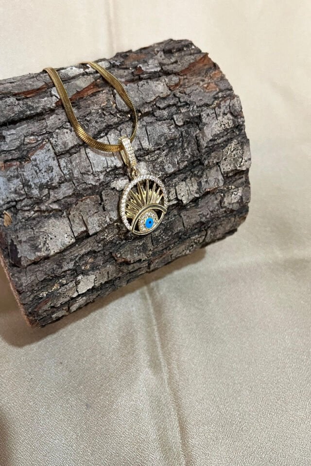 Göz Figürlü Nazar Detaylı Zirkon Taşlı İtalyan Zincir Çelik Kolye