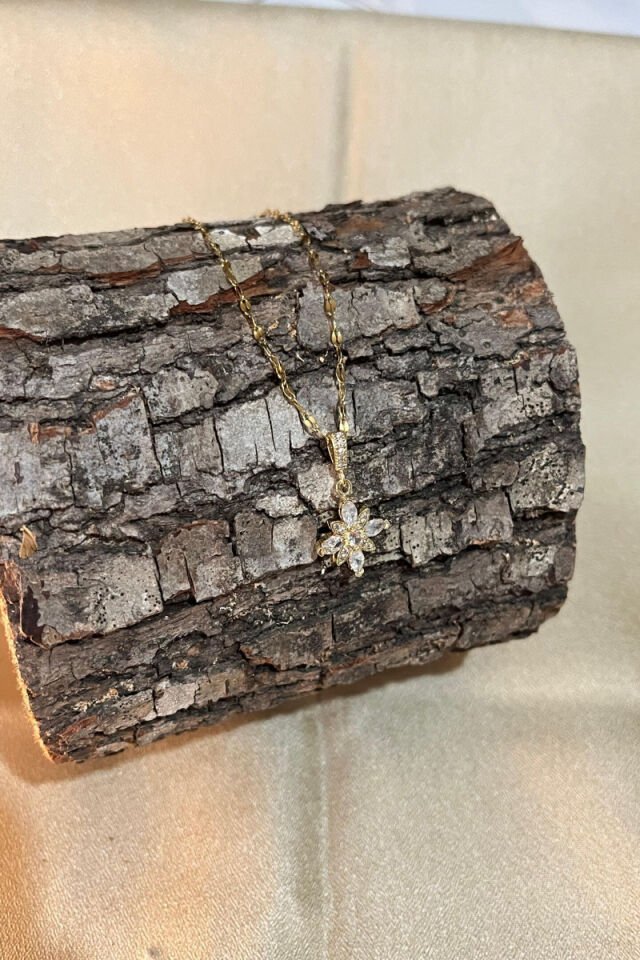 Çiçek Figürlü Zirkon Taşlı Çelik Kolye