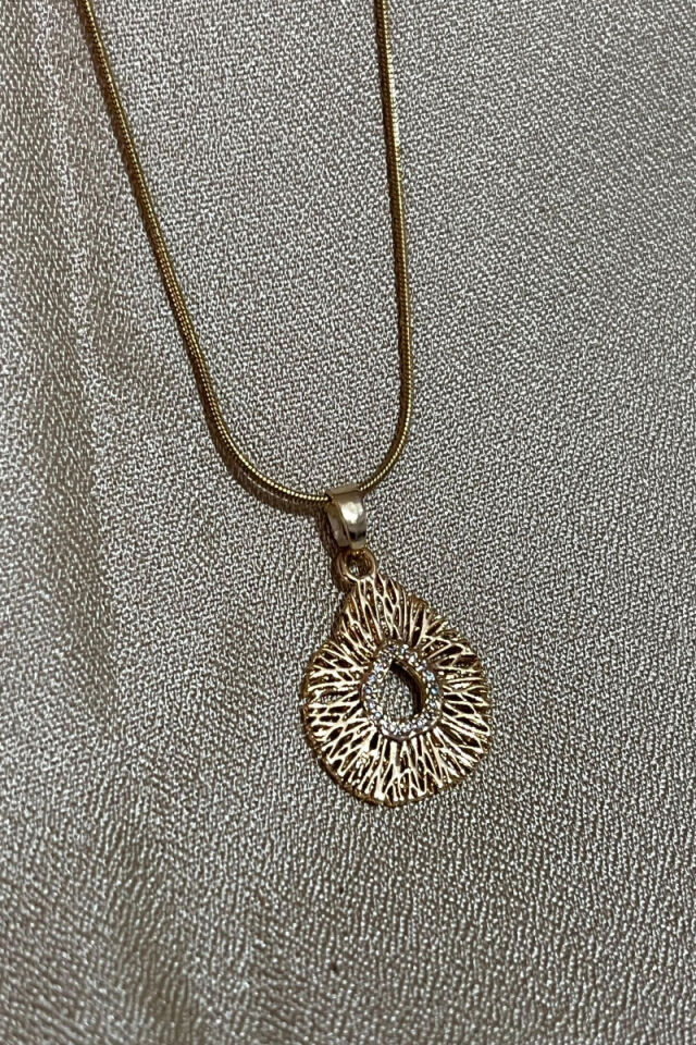 Özel Tasarım Organik Form Detaylı Zirkon Taşlı Çelik Vintage Kolye