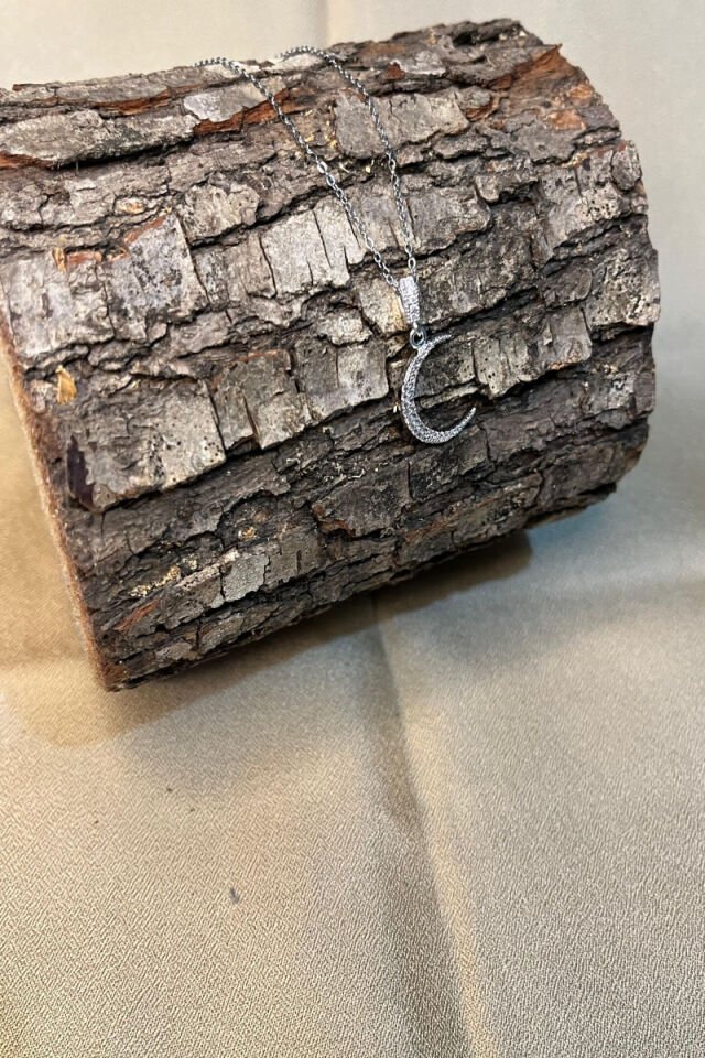 Hilal Figürlü Zirkon Taşlı Silver Model Çelik Kolye