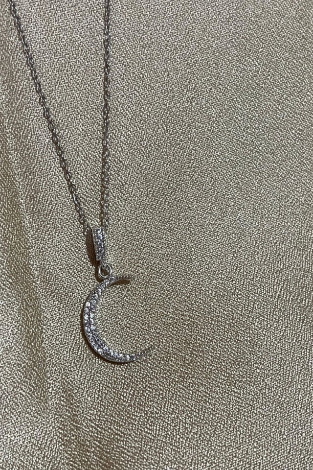 Hilal Figürlü Zirkon Taşlı Silver Model Çelik Kolye