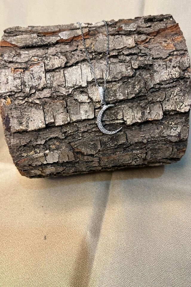 Hilal Figürlü Zirkon Taşlı Silver Model Çelik Kolye