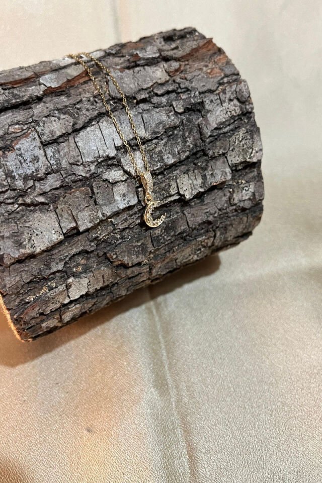 Minimal Hilal Detaylı Zirkon Taşlı Şık Gold Çelik Kolye