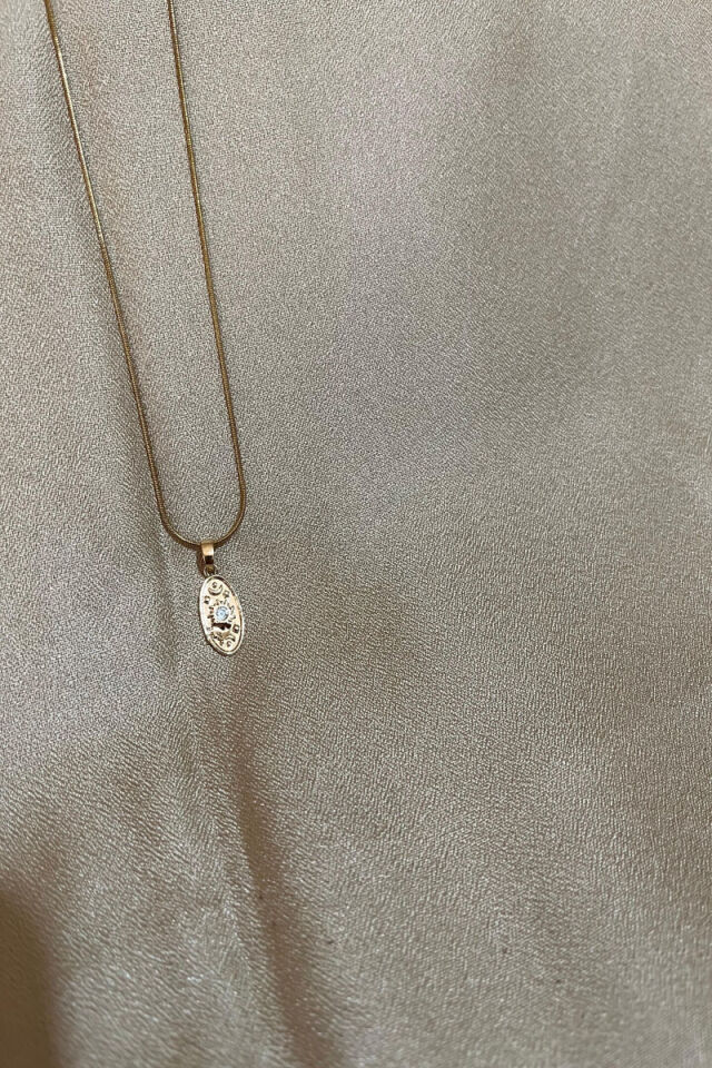 Güneş Ay Motifli Zirkon Taşlı Özel Tasarım Gold Çelik Kolye