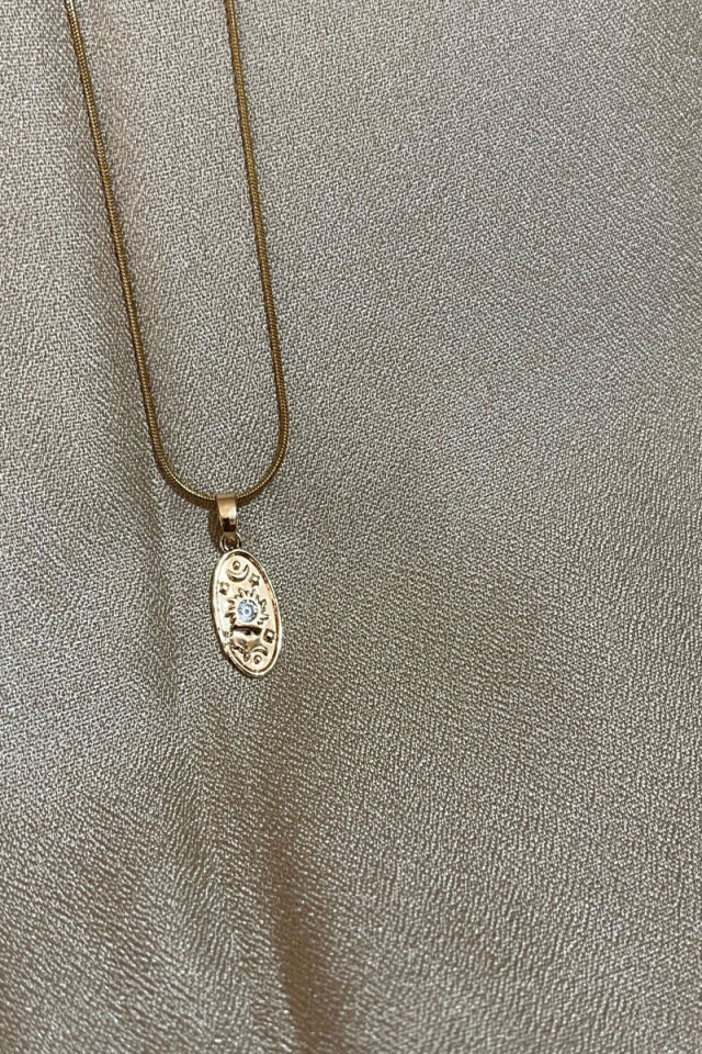 Güneş Ay Motifli Zirkon Taşlı Özel Tasarım Gold Çelik Kolye