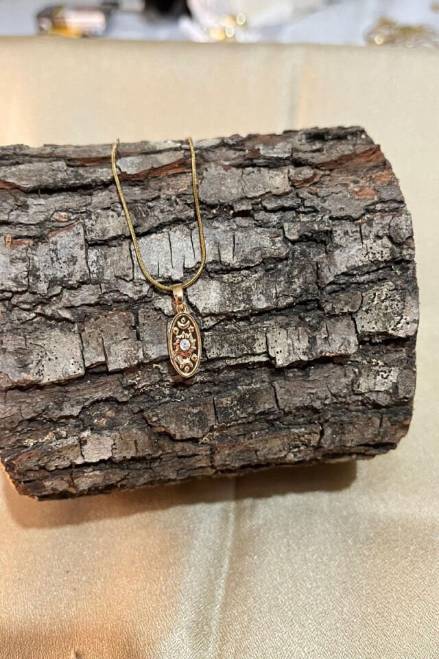 Güneş Ay Motifli Zirkon Taşlı Özel Tasarım Gold Çelik Kolye