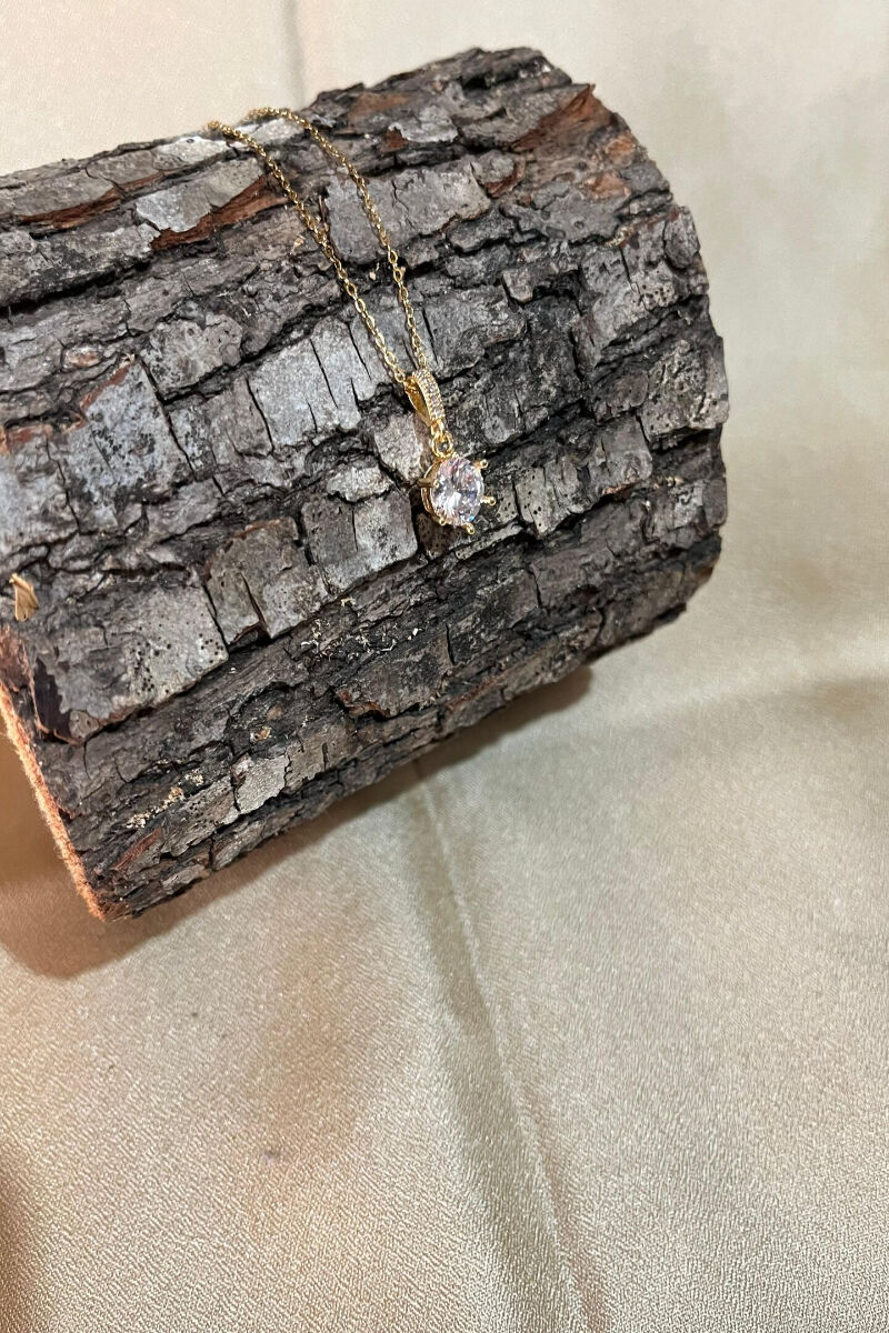Tek Taş Model Zirkon Taşlı Şık Gold Çelik Kolye