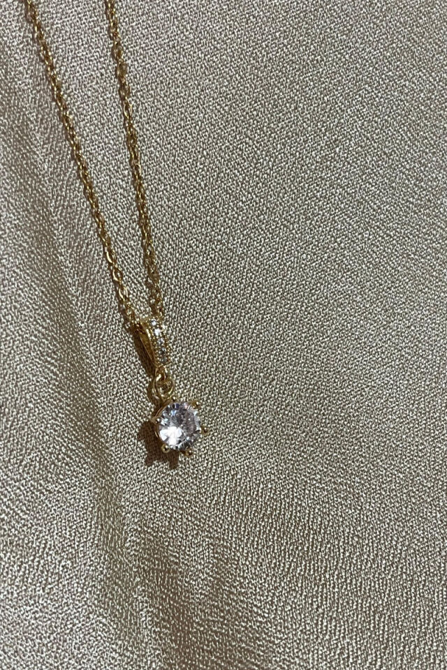 Tek Taş Model Zirkon Taşlı Şık Gold Çelik Kolye