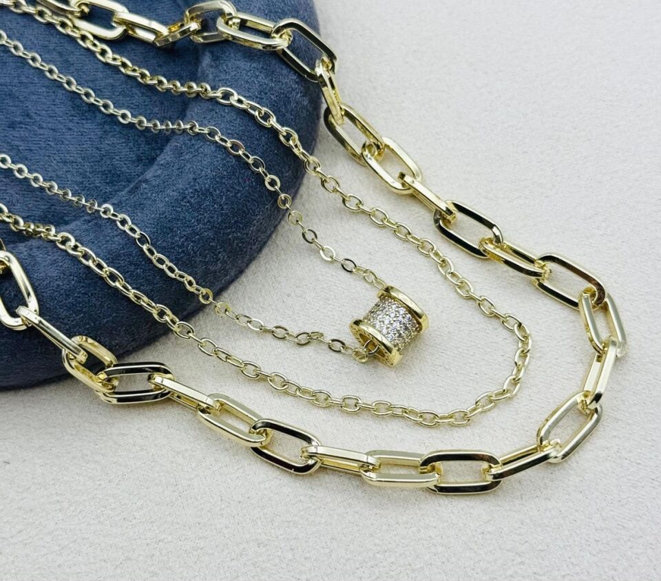 Xuping Model Vip Çelik Zirkon Taşlı Silindir 3'lü Set Kolye