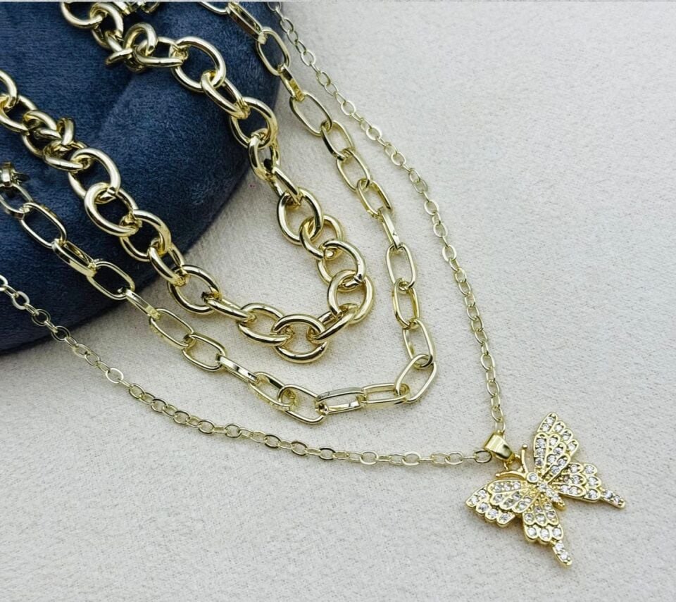 Xuping Model Vip Çelik Zirkon Taşlı Kelebek 3'lü Set Kolye